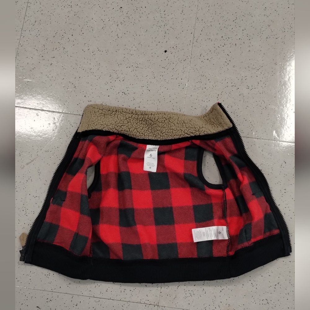 Carterโs Infant Baby Red & Black Buffalo Checkered Plaid Fleece Zip Up Vest 6M - Picture 9 of 10